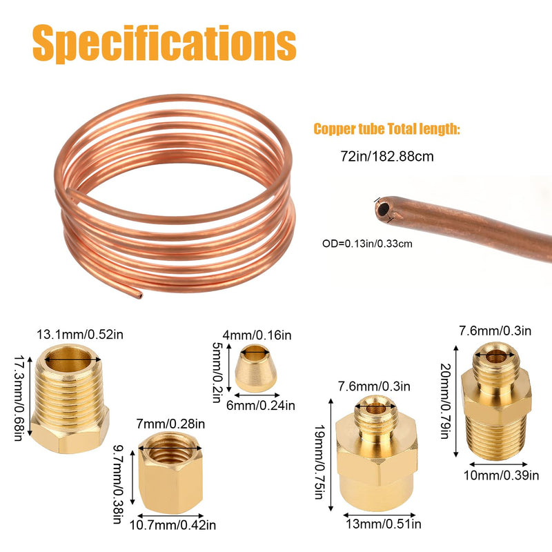 72'' Oil Pressure Gauge Tubing Kit, Mechanical Oil Pressure Gauge Line Kit Od Threaded Brass Parts Pipe Set of Copper Tube and Threaded Parts