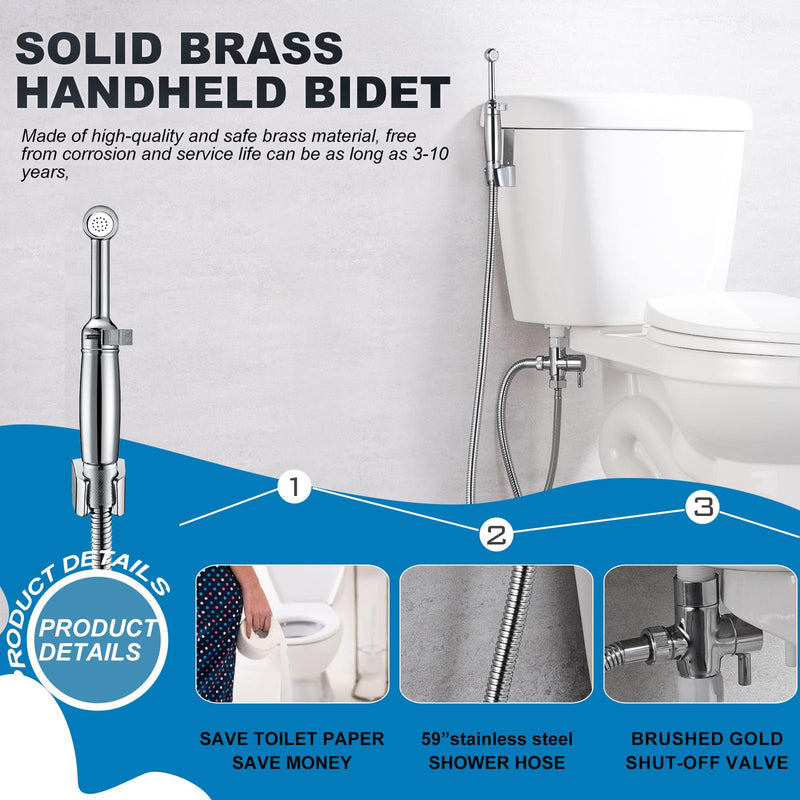 SonTiy Handheld Bidet Sprayer for Toilet, All Metal Cloth Diaper Toilet Sprayer Bidet Attachment with Backflow Preventer, Adjustable Water Jet Spray, 7.2" Brass Hand Held Bidet Wand, Chrome