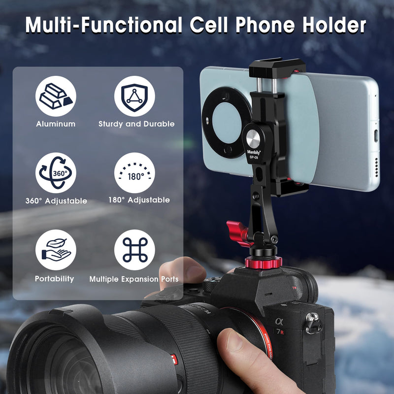 Manbily Phone Tripod Mount, Metal Smartphone Mount Adapter Camera Hot Shoe Mount, 360° Swivel 180° Flip Adjustable Phone Holder for Microphone LED Light（SP-09