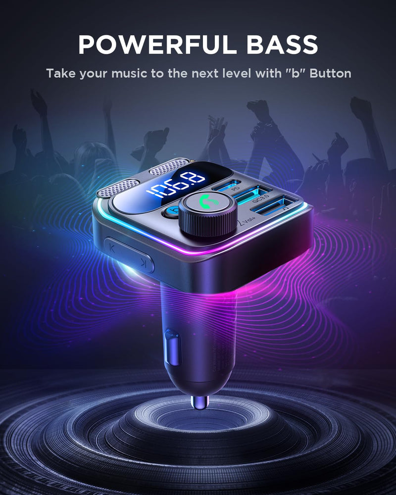 JOYROOM Bluetooth 5.3 FM Transmitter Car Adapter [Stronger Dual Mics & HiFi Deep Bass Sound] 48W PD & QC 3.0 USB C Car Charger Cigarette Lighter Adapter Hands-Free Calling Radio Support USB Drive Black Bluetooth FM Transmitter Car