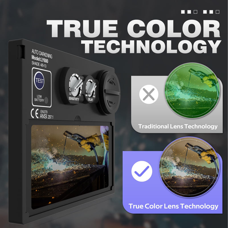 1/1/1/1 True Color Auto Darkening Welding Helmet with light, Solar Powered Wide Shade 4/9-13 for TIG MIG Stick Weld Hood Mask OM-860CS