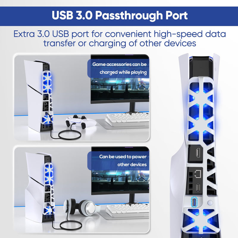 FASTSNAIL Cooling Fan for PS5 Slim Console, Quiet Cooling System with Memory Function and LED Light, Cooler Accessories with 3 High-Speed Fans & USB 3.0 Port for PlayStation 5 Slim White