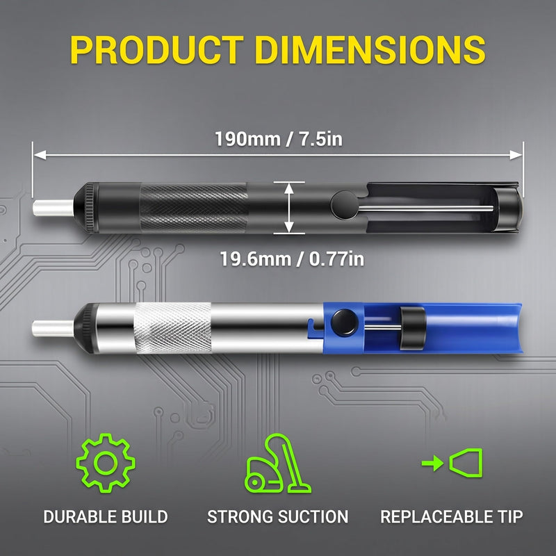 2 Pieces Aluminum Desoldering Pump, Manual Soldering Extraction Pump with Replaceable Tip, Strong Suction for Electronics Soldering, 190 x 19.6 mm (Blue and Black)