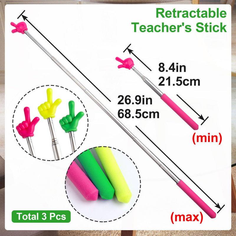 PAGOW 3 Pcs Retractable Teacher Pointer Sticks, Colorful Hand Pointer Stick, Student Finger Pointing Sticks, Extendable School Supplies for Reading, Classroom (Yellow+Green+Pink) (3pcs) Finger2, Yellow+Green+Pink