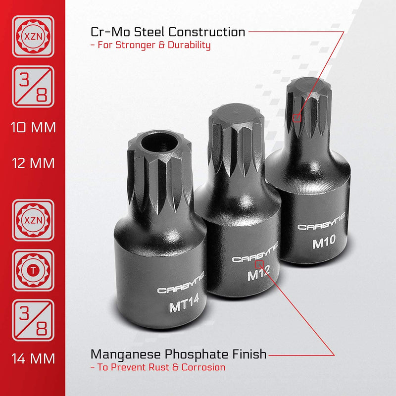 CARBYNE 9-Piece Triple Square Impact Socket Set, XZN Spline Bit, CrMo Steel, Manganese Phosphate Coating, Metric M4 to M18, 1/4 in. 3/8 in. and 1/2 in. Drive