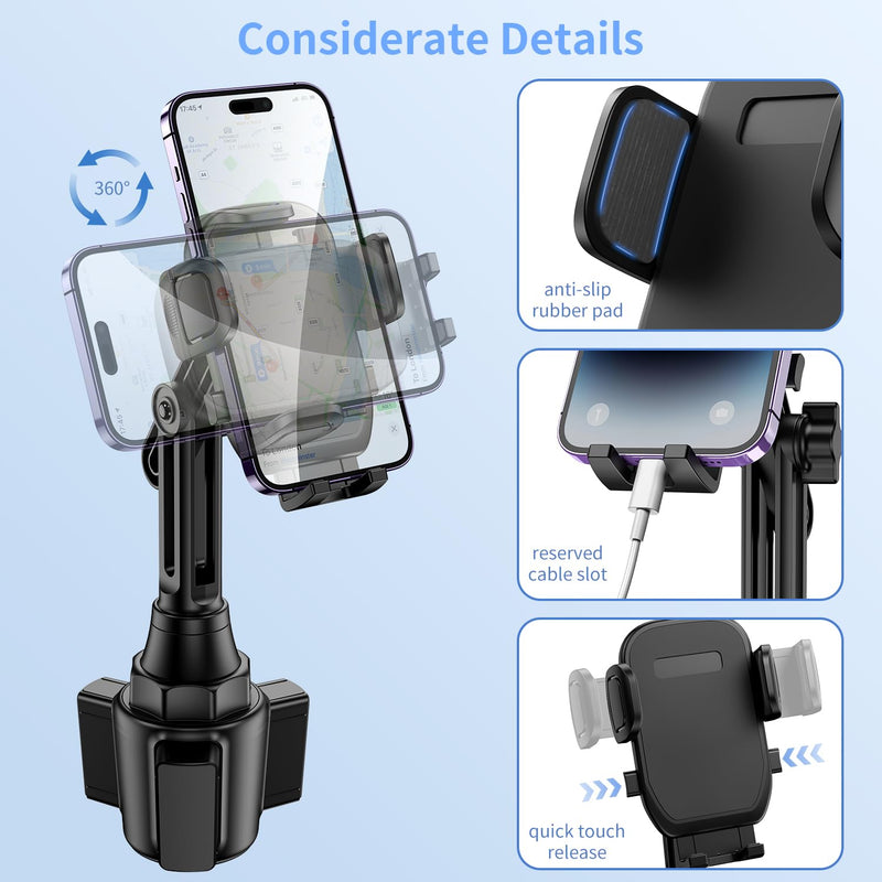 Cup Phone Mount for Car, [Upgraded Version] Universal Cup Phone Cradle Holder with Long and Adjustable Neck, Friendly Compatible with Cell Phone iPhone, Samsung, Google and All Smartphones