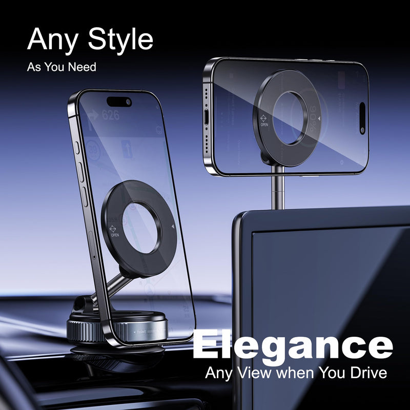 Magnetic Phone Holder for Car,Vacuum Suction Cup Phone Mount,Magsafe Car Mount for iPhone, No Need Charge,Folding Holder for iPhone and Android Black