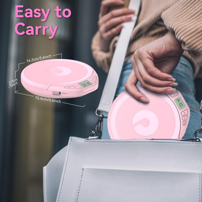 Gueray Portable CD Player with Earphones,CD Discman for Car Home with Anti-Skip Shockproof Protection,Personal CD Music Player with LCD Display Support PROG Memory Function H-01 Pink