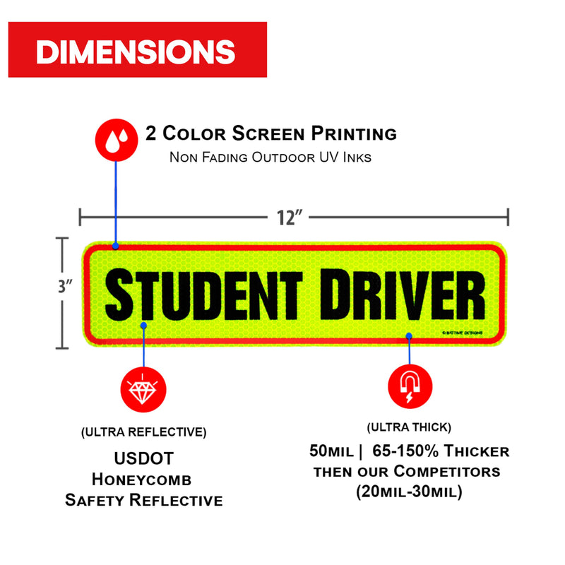 Reflective Student Driver Magnet | 12" Car Magnet Sticker for New & Beginner Drivers | Weatherproof & Magnetic | Accessories for Student Driver | Driving Signs Stickers Student Driver 12”, 3 Pk