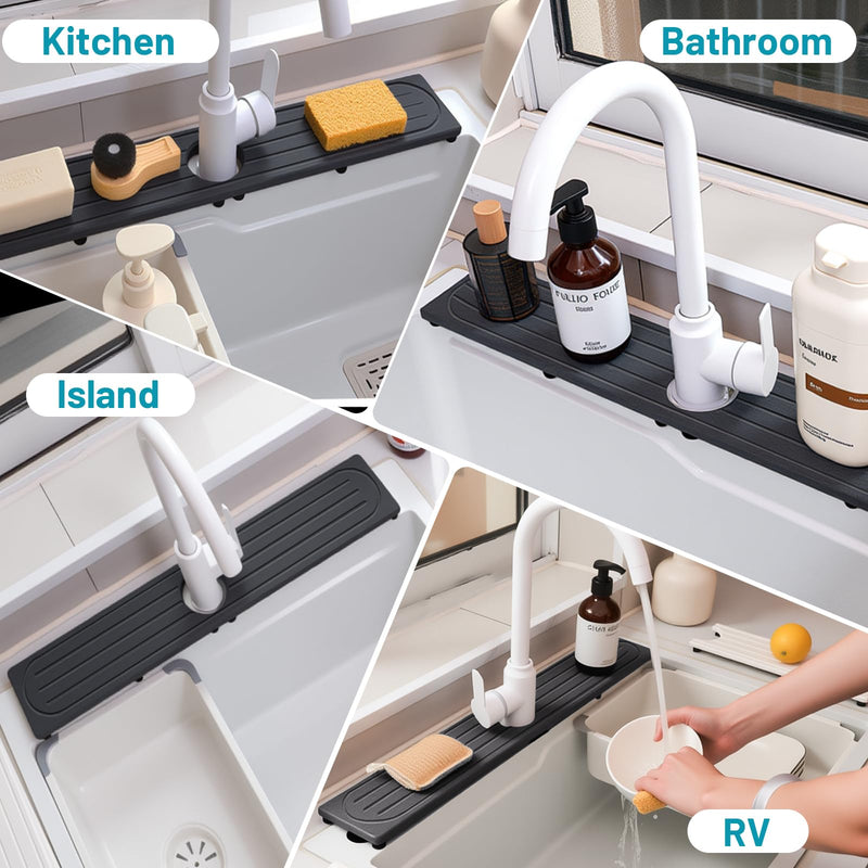 Stone Faucet Mat for Kitchen Sink with Raised Feet, Sink Mat for Kitchen Faucet, Water Absorbent Diatomite Stones Sinks Tray, Sink Splash Guard & Protectors, Stone Drying Tray for Bathroom Counter 23.7" x 4" Dark Gray Style 1