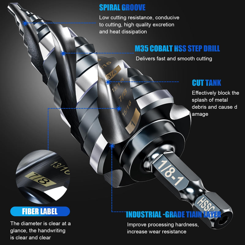 Four Spiral Flute M35 Step Drill Bit Set 1/4"-1"(3 pcs 30 Sizes), 1/4" Shank for Metal Step Drill bit, Impact Resistant Cobalt Step Drill Bit, for Stainless Steel, Wood, Aluminum, Plastic Spiral 1/4"-1"