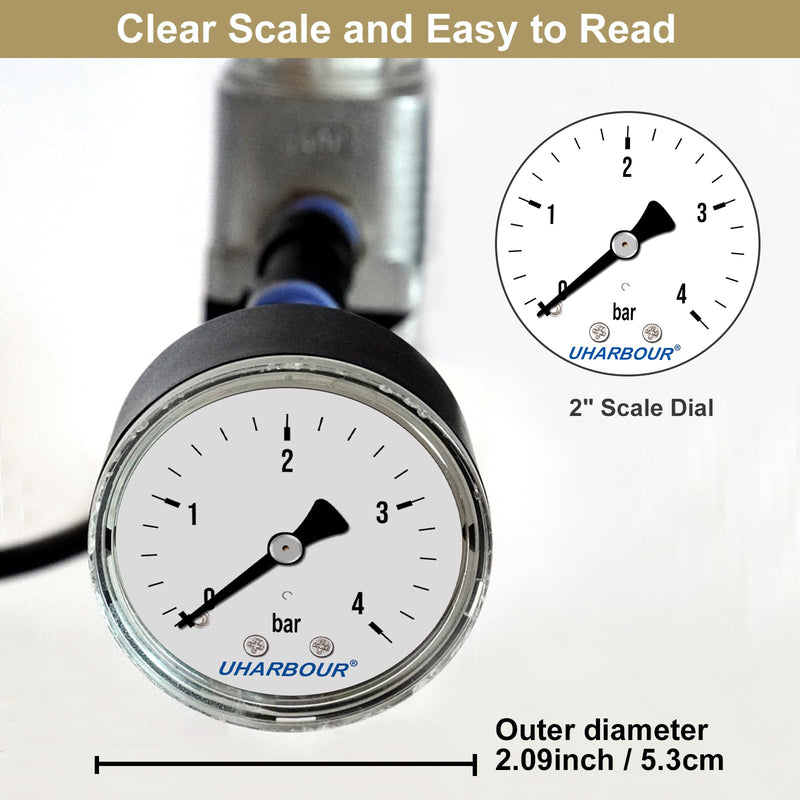 UHARBOUR pressure gauge water 0-4 bar, pressure gauge 1/4 inch, pressure gauge compressed air holder on the back, compressed air pressure gauge 1/4 BSP brass connection