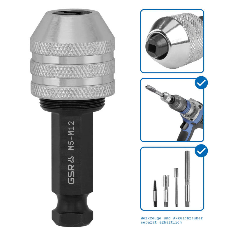 GSR Thread Cutting Adapter M5-M12 | Tool Holder with 3/8" Hex Shank & Square Socket | For All Standard Cordless Drills | Clamping Range 5-9mm | Accessories for Hand Taps M5–M12
