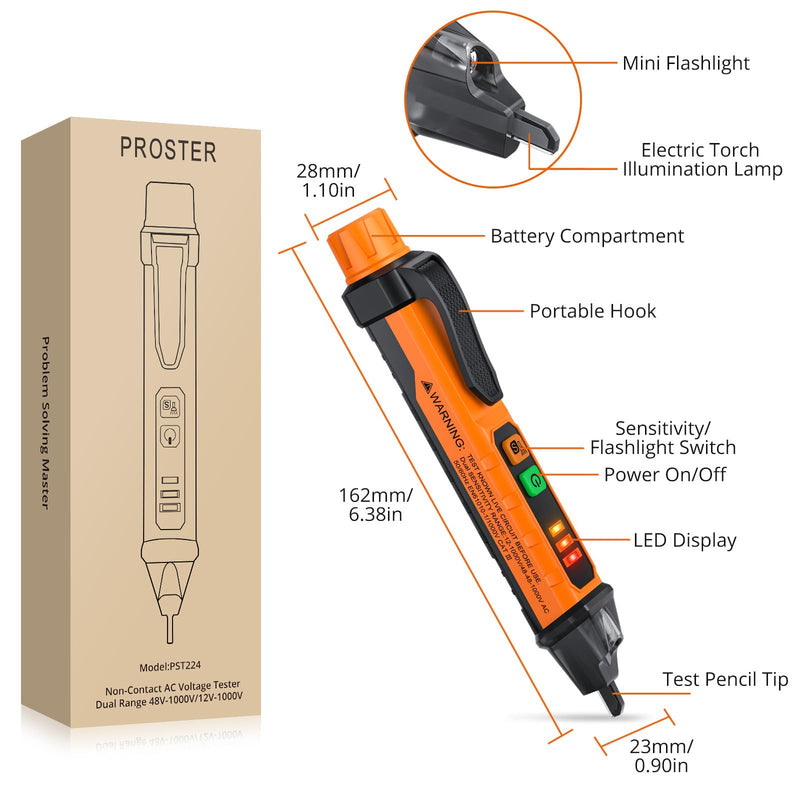 Proster Non-Contact Voltage Tester with Dual Range 12-1000V/48-1000V Adjustable Sensitivity AC Voltage Tester Pen & LED Flashlight