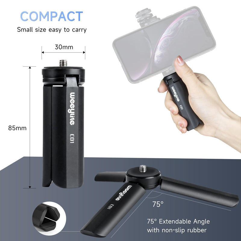 1/4 Mini Tripod, Tabletop Desktop Stand Compact Tripod with 1/4" Screw for weeylite K21 Stick Light, S03/S05 Pocket Photo Light, Camera, Smooth 4, Osmo Mobile, Vimble 2, Gimbal Handle Grip Stabilizer C01