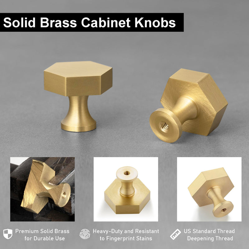 QOGRISUN 10-Pack Solid Brass Cabinet Knobs, Gold Hexagon Knobs for Dresser Drawer, 1.4-Inch Diameter, Modern Kitchen Hardware, Brushed Brass Finish