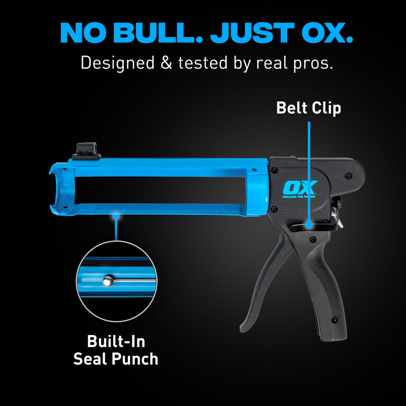 OX Pro Compact Caulk Gun - 10 oz Rodless Manual Caulking Gun Tool - 7:1 Thrust Ratio Designed for Tight Spaces, Includes Belt Clip - Pistola De Silicona 10 oz - Rodless