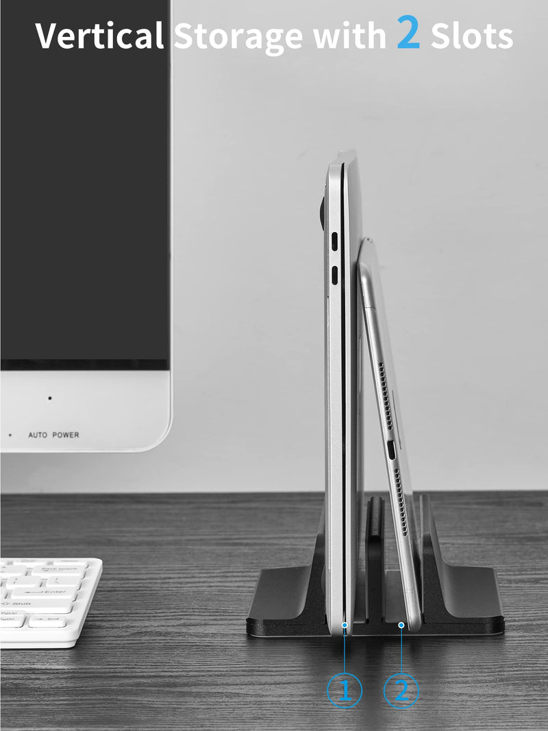 JARLINK Vertical Laptop Stand Holder, Aluminum Double Desktop Stand Holder with Adjustable Dock (Up to 17.3 inch), Compatible with MacBook, Surface, Chromebook, and Gaming Laptops, Black 2-slot