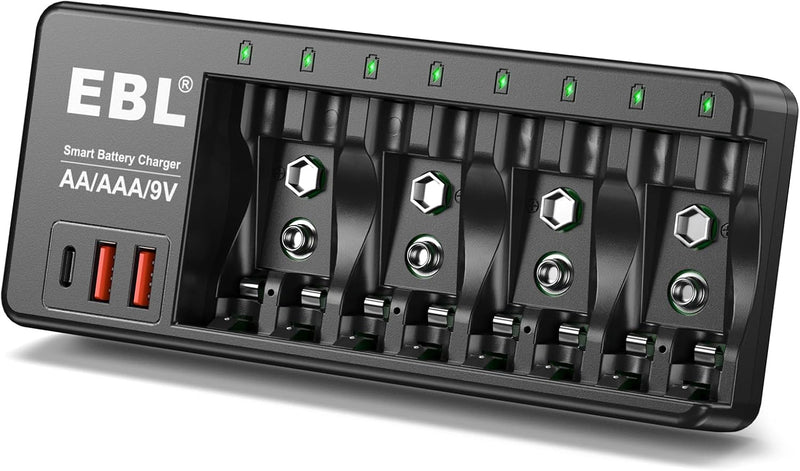 9V Rechargeable Battery Charger Pack, LP 4-Pack 600mAh 9 Volt Li-ion Batteries & 4-Bay Battery Charger for Alarms, Wireless Microphones, Smoke Detectors, Toys, Flashlights, Guitar, Keyboard & More 4-Pack 9V Batteries with Charger