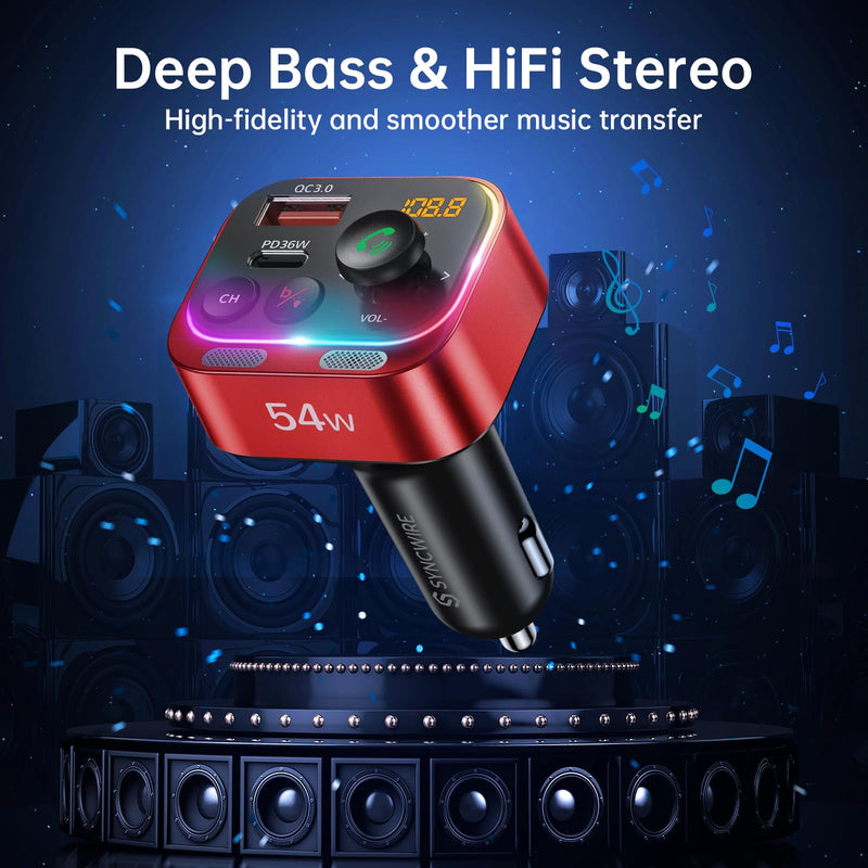 Syncwire Bluetooth 5.4 FM Transmitter Car Adapter 54W (PD 36W & 18W) [Stronger Dual Mics] [Light Switch] [HiFi Bass Sound] [Fast Charging] Wireless Radio Receiver Hands-Free Calling LED Display, Red