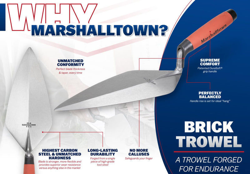 Marshalltown London Brick Trowel, 11 1/2 x 5 Inch Masonry Tool, Plastic Handle, Assembled in USA, 33P11.5