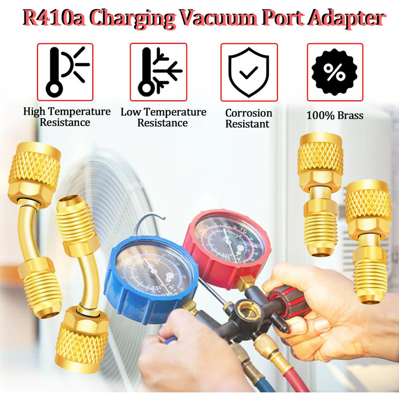 R410a Mini Split Adapter 5/16 Female 1/4 Male Flare Charging Vacuum Port Adapter with 4 Sealing Plugs for Air Conditioners HVAC Refrigeration 2 Straight+2 Angled Adapter 12PCS