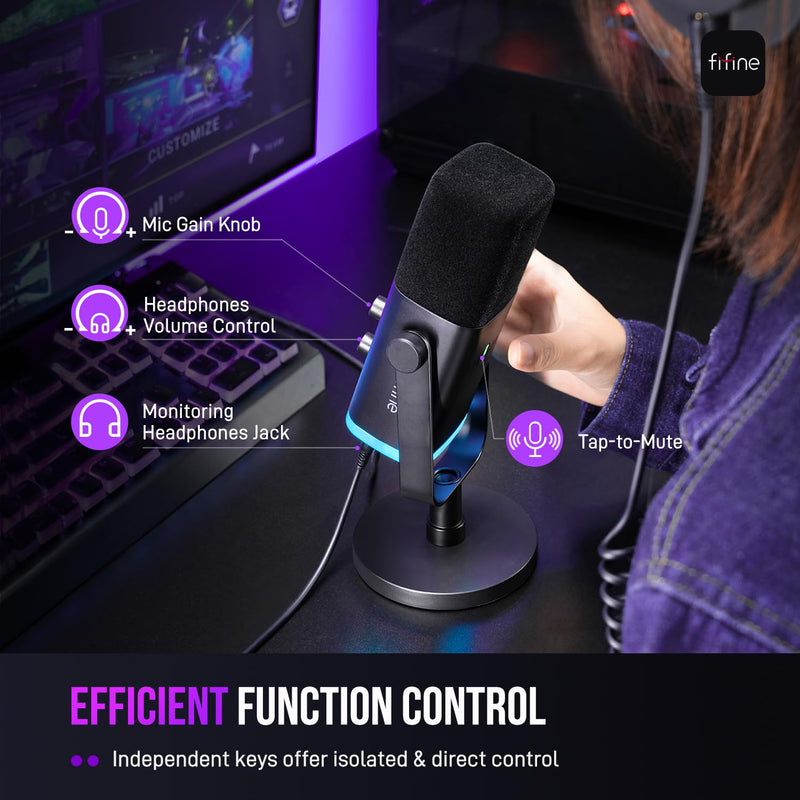 FIFINE USB/XLR Dynamic Microphone for Podcast Recording, PC Computer Gaming Streaming Mic with RGB Light, Mute Button, Headphones Jack, Desktop Stand, Vocal Mic for Singing YouTube-AmpliGame AM8 Black