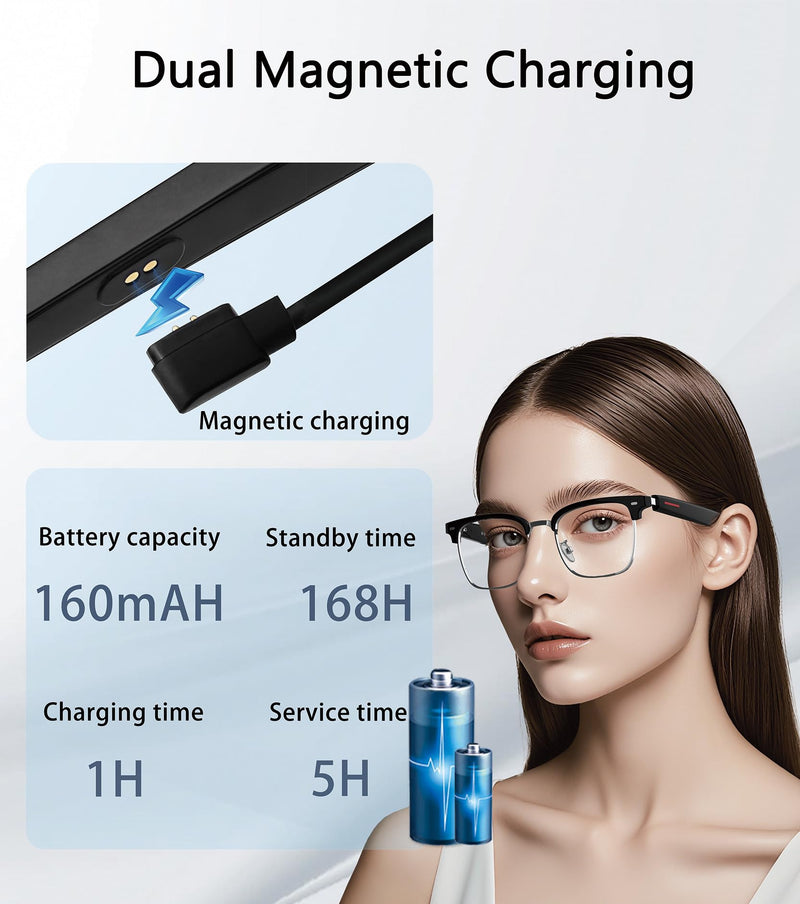 Smart Glasses for Men & Women, Built-in Mic & Speakers Bluetooth Audio Glasses, Blue Light Filter & Polarized UV 400 Protection Lenses Open-Ear Bluetooth Sunglasses for Android iOS, Half Frame Half Frame Clear Lenses Black