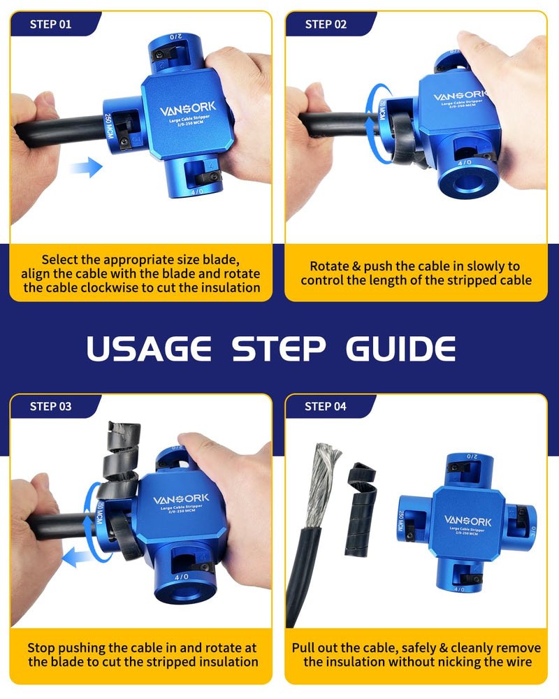 10380 Large Cable Stripper (2/0-250 MCM), 4-in-1 Clover Design Heavy-duty Cable Stripping and Cutting tool, Large Gauge Wire Stripper for Thick Cables Big Round Wire Insulation Jacket Removal Blue 2/0 - 250 MCM