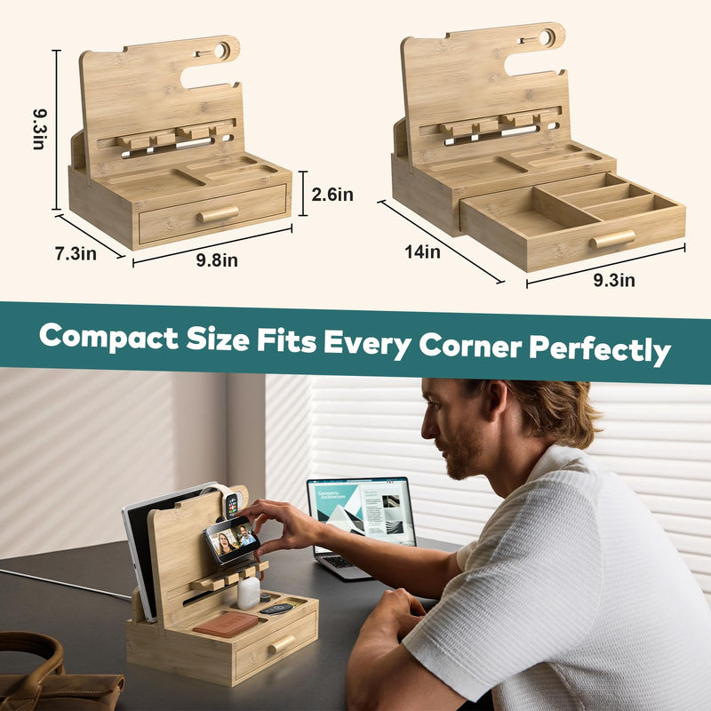 Sephyroth Bamboo Phone Docking Station Nightstand Organizer Bedside Organizer Cell Phone Stand Gifts for Men, Dad Gifts for Boyfriend Gift for Husband with Drawer Storage (Wood) Wood