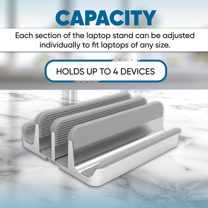 Elestoria 4 Device Vertical Laptop Stand – Adjustable Desktop Dock for MacBook, Dell, HP, Lenovo, iPad, Tablets & Phones – Multiple Slot Holder (Fits Up to 17.3") – Silver