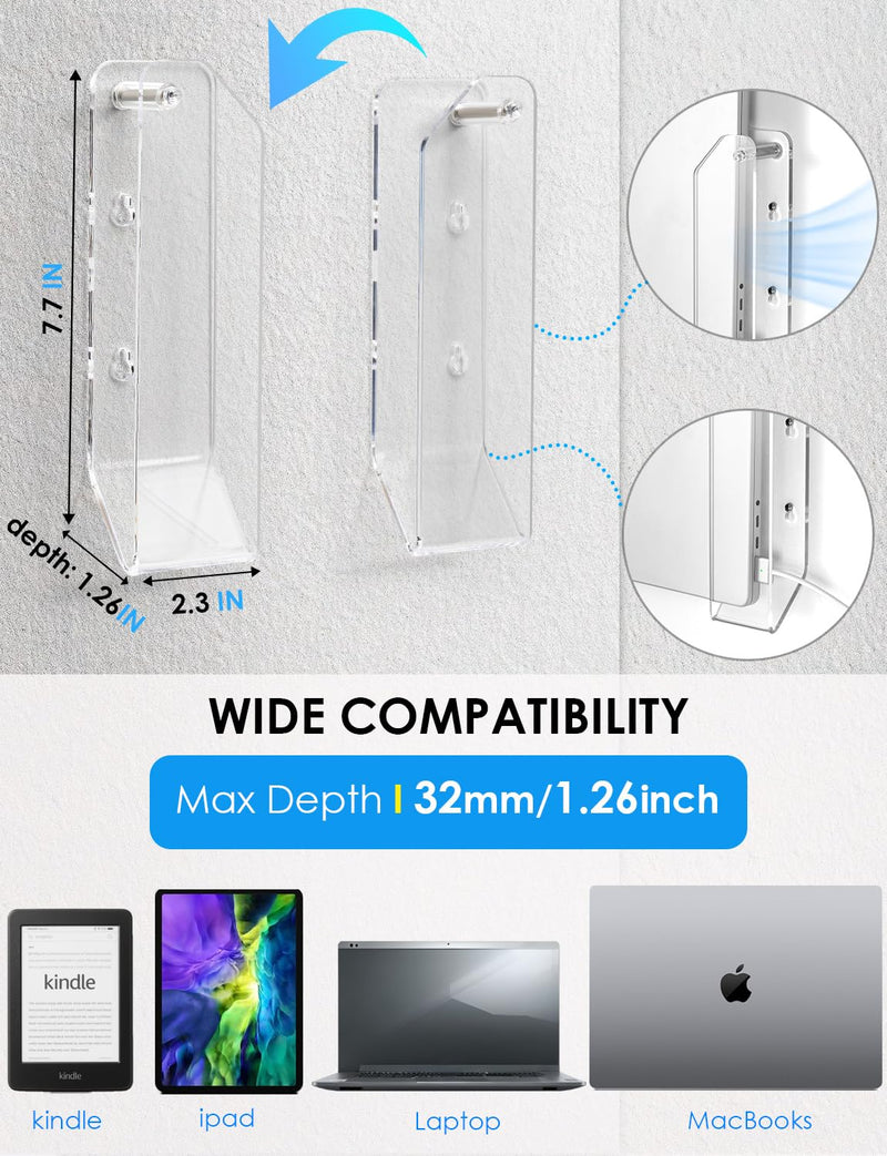 Laptop Wall Mount Holder, Space-Saving Under Desk Laptop Mount with Cable Slots, Supports 1.26" Thick Devices, Compatible with iPad/MacBooks/Surface (Clear)