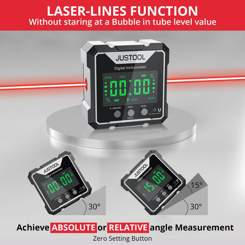 JUSTOOL Mini Digital Angle Gauge Magnetic Angle Finder with Dual Laser | Level Box Measuring Tool with Backlight, Auto-Flip Display, Table Saw Miter Inclinometer for Woodworking Machinery Grey