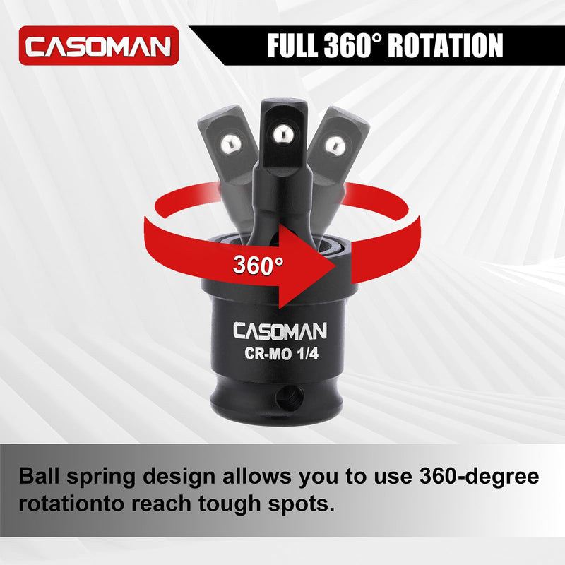 CASOMAN 30PCS 1/4” Drive Magnetic Shallow Impact Socket Set, 6 Point, CR-MO, SAE & Metric, Include Extension Bars, Socket & Hex shank Adapters, Universal Joint
