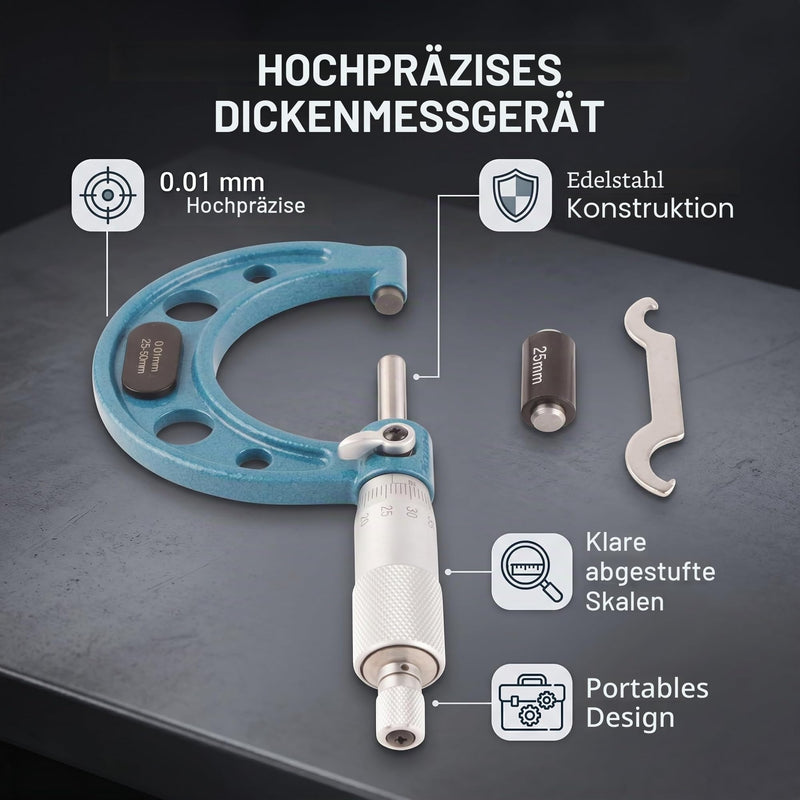 Outside Micrometer, Outside Micrometer, Micrometer Screw with Wrench and Plastic Box, Stainless Steel, 001 mm, Precision Vernier Scale, Outside Micrometer (25-50 mm)