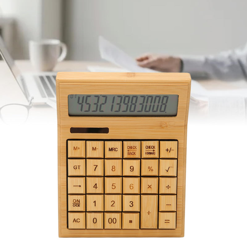 Zopsc Bamboo Calculator, Wooden Solar Calculators with 12 Bit Digital LCD Screen, Basic Standard Function Desk Calculators with 29 Big Buttons for Office Home School Store