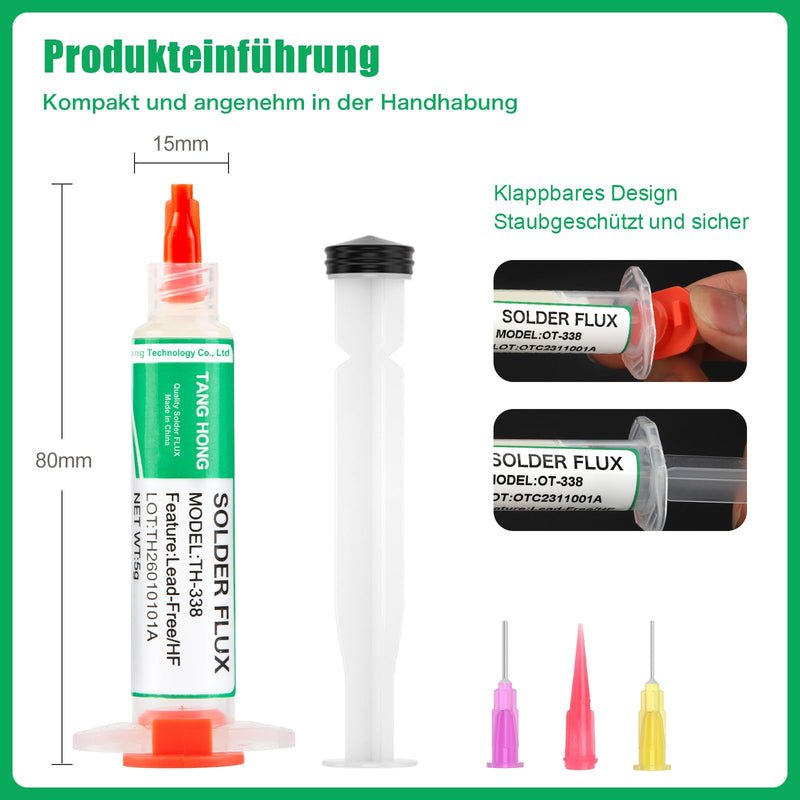 TH-338 Flux Soldering, 5 ml No-Clean Lead-Free Rosin Flux (Pack of 2), 2.5 mm/3 m Desoldering Braid (Pack of 1), Suitable for Mobile Phone Soldering, BGA, Household Appliance Repairs 3-piece set