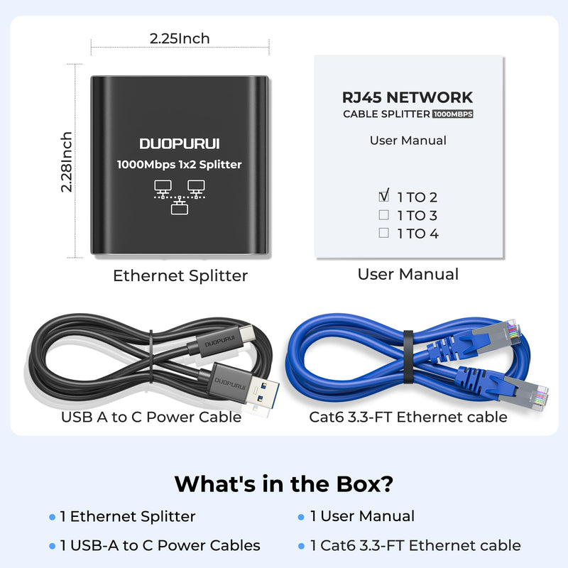 Ethernet Splitter 1 to 2,1000Mbps High Speed Network Splitter,LAN Splitter 2 Port with Ethernet cable, for Cat 5/5e/6/7/8 Cable [2 Devices Simultaneous Networking] (1 to 2 with Network cable)