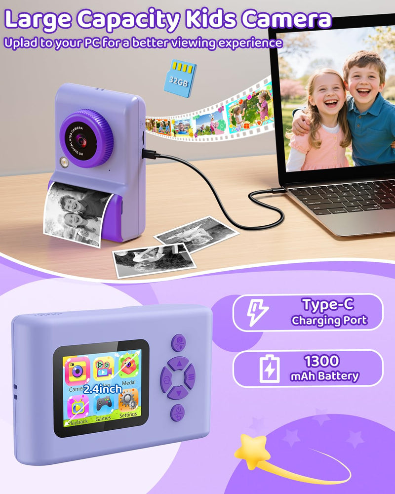 Kids Camera Instant Print, 20MP 1080P Video Instant Print Camera for Kids with 32GB SD Card, 240 Photos Printing, Face Recognition, ABS Durable, Christmas Birthday Gifts for Ages 3-12 Purple
