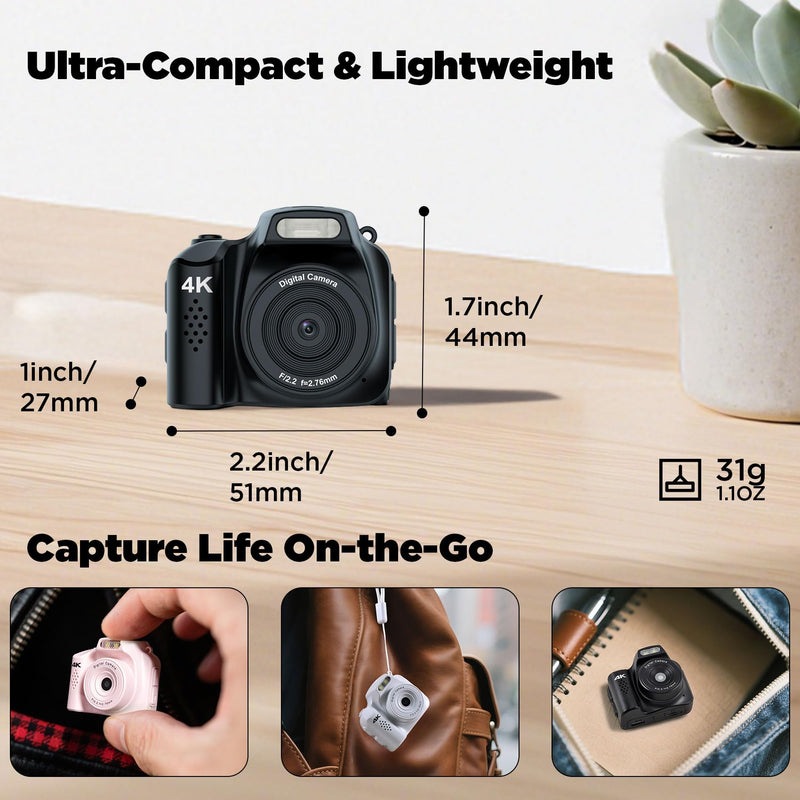 4K Mini Keychain Camera - Mini Digital Camera - Tiny Retro Pocket Size 16MP CMOS 1.54" Large LCD Screen Compact Size 32GB Included Travel Idea (Black) Black