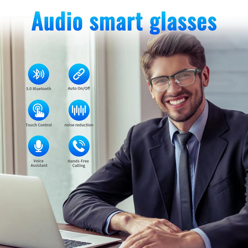 Bluetooth Audio Smart Glasses, Blue Light Glasses for Women and Men, Open Ear Sound with Mic & Speakers, Blue Light Filter & Polarized Sunglasses Lenses, Voice Assistant (Silver) Black-silver