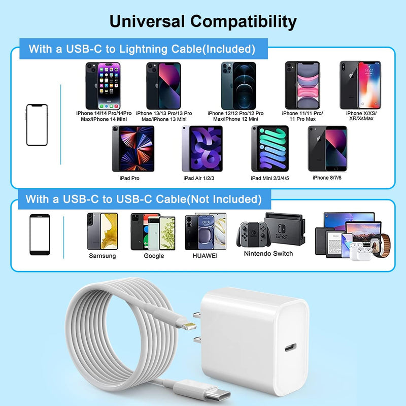 Extra Long 10FT Apple Fast Charger,[Apple MFi Certified]2Pack Fast iPhone Charger Travel Plug Adapter 20W Super Quick USB C Wall Block 10Foot Lightning Cable Cord for iPhone 14/13/12/11/8/X/XR/SE/iPad 2Pack(10FT C-L) 2