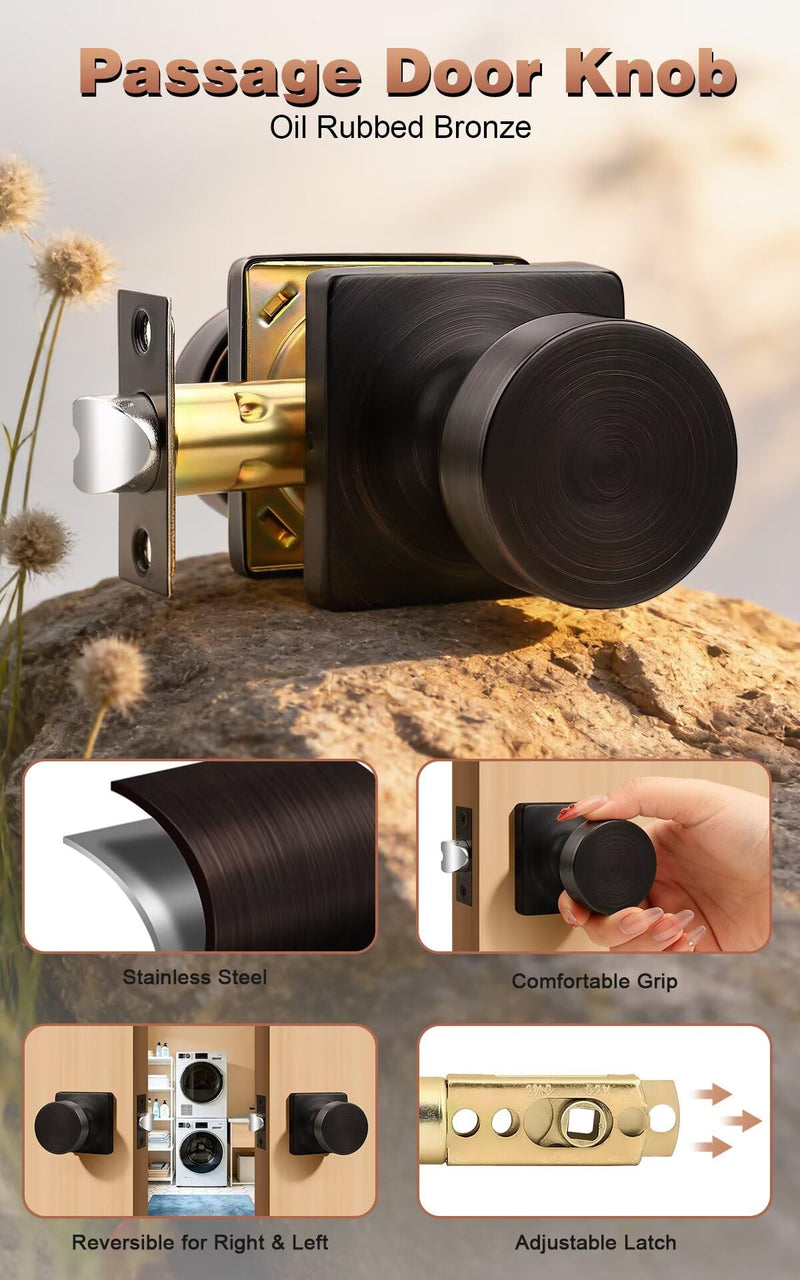 Probrico Passage Door Knobs Interior, Closet Keyless Door Handles for Balcony or Hallway, 1 Pack Square Panel Door Knob in Oil Rubbed Bronze Finish