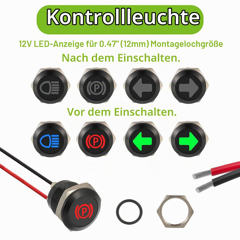 Pack of 4 12mm Waterproof Signal Light LED Indicator Light, DC 12V/24V LED Metal Indicator Light with 150mm Cable for Motorcycles Cars Trucks Tractors RV ATV 4pcs