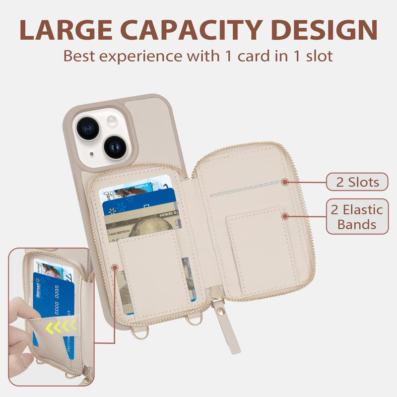 LAMEEKU for iPhone 15 Wallet Case with Credit Card Holder, Zipper Leather Crossbody Case with Phone Grip Holder Stand Wrist Strap Lanyard for Women for Apple iPhone 15 6.1 inch Beige iPhone 15 6.1"