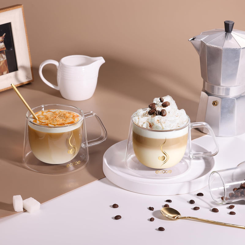 ecooe Double Walled Glass Coffee Mug 12oz Cappuccino Latte Macchiato Cups Set of 2 Clear Glass Coffee Cups with Handle, Double Wall Glass Cup for Tea Milk Juice Ice Cream, Birthday Gifts for Mum Dad Type5-12oz