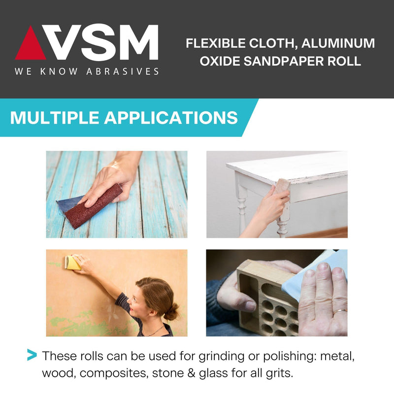 VSM 1-1/2" x 50yd (150'), 240 Grit (Very Fine) Aluminum Oxide Sanding Shop Roll, F-Weight Cotton Cloth Backed Sandpaper Roll for Hand Finishing, Woodworking, Metal Working, Polishing
