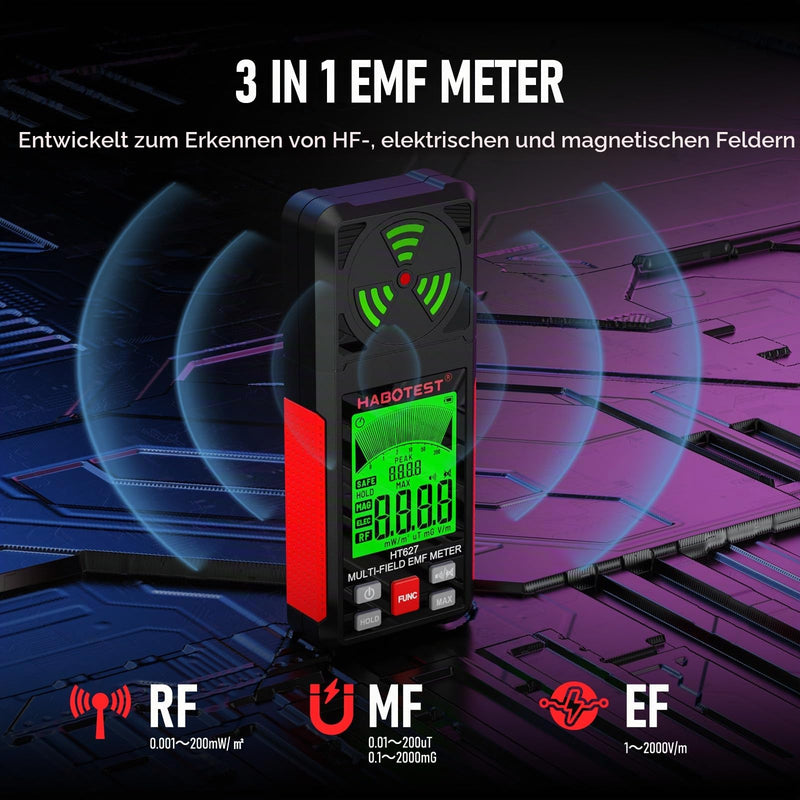 YOJOCK EMF Meter 3-in-1 Radiation Meter and Radiation Detector with Data Hold and Maximum Value Memory, Measures EMF, RF, MF, WiFi and Electrosmog, for Home and Outdoor, Red 2-red