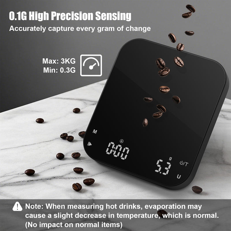 Rechargeable Coffee Scale with Timer, Diyife 3kg/0.1g High Precision Scale, 6 Units, HD LED Display, Long Battery Life, Portable Kitchen Scale for Espresso, French Press, Pour-Over Coffee Black