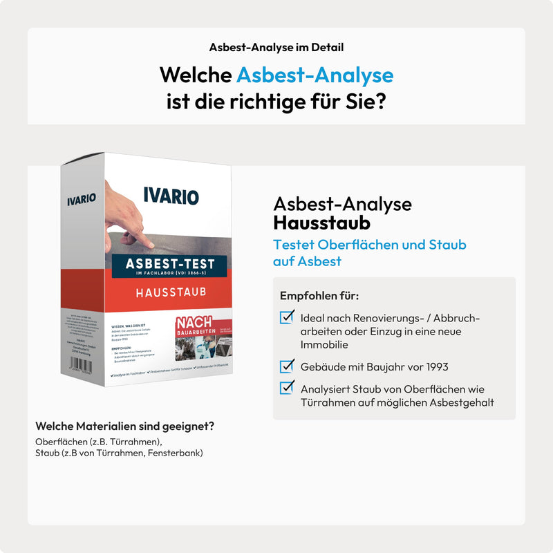 IVARIO Asbestos Test House Dust/Indoor Air | If asbestos fibres are suspected, have it analyzed in the German specialist laboratory